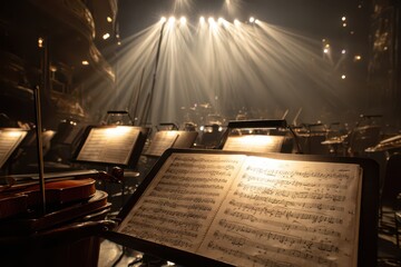 Orchestra stage with illuminated sheet music, violin, dramatic lights.