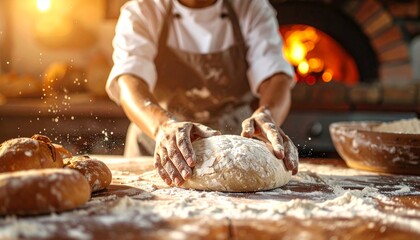 Baker Kneading Dough in Warm Kitchen with Rustic Wood Fired Oven in Background Authentic Artisan Bread Making