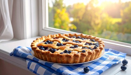 Delicious Homemade Blueberry Pie Cooling on a Sunny Windowsill Fresh Berries and Lattice Crust Perfect for Summer Desserts and Baking