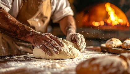 Baker Kneading Dough in Rustic Kitchen with Wood Fired Oven Glow Artisan Bread Making Process
