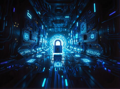A futuristic, cybernetic tunnel glows with blue circuitry and neon lights, leading to a glowing digital lock at its center  symbolizing secure data access in the digital age.