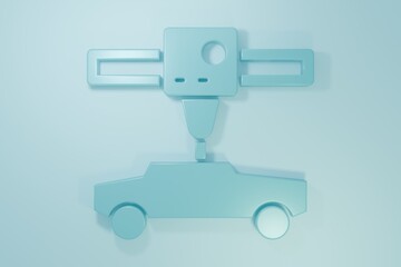 Blue 3D printer car icon isolated on blue background. 3d printing. Minimalism concept. 3D render illustration