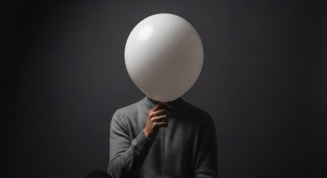 Hidden Identity Anonymous Figure Holding White Balloon in Dark Studio.