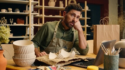 Upset disappointed sad Caucasian man male guy businessman small business owner crock potter broke...