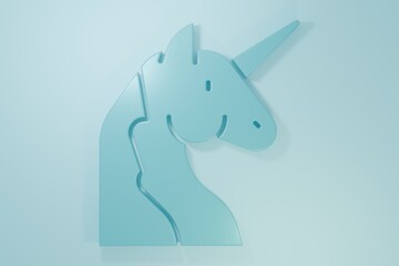 Blue Unicorn icon isolated on blue background. Minimalism concept. 3D render illustration