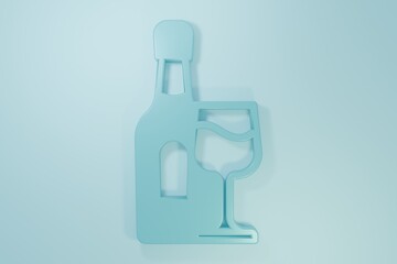 Blue Wine bottle with glass icon isolated on blue background. Minimalism concept. 3D render illustration