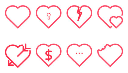 Heart Outline Vector Icon Set: Collection of 8 Thin-Line Red Symbols Showing Love Concepts like Broken Heart, Keyhole, Money, and Targeting for Relationships and Emotions