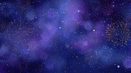 Night sky ablaze with vibrant fireworks, a mix of gold, blue, and purple bursts against a deep, starry backdrop