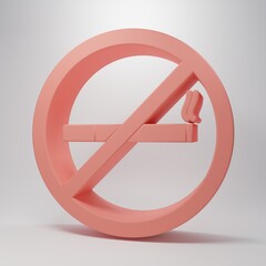 Pink No Smoking icon isolated on pink background. Cigarette symbol. Minimalism concept. 3D render illustration
