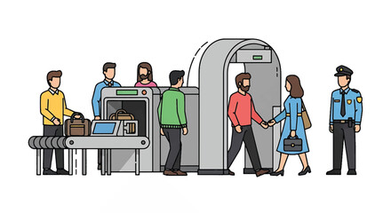 Illustration of people going through airport security screening with a metal detector and baggage check