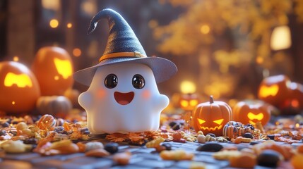 Sweet 3D Render of a Baby Ghost Wearing a Tiny Witch Hat Surrounded by Halloween Treats and Pumpkins