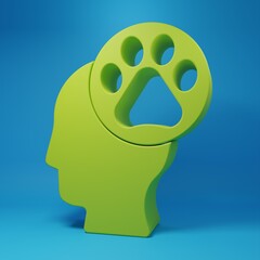 Green Human head with animals footprint icon isolated on blue background. Pet paw in heart. Love to the animals. Minimalism concept. 3D render illustration