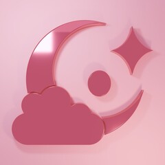 Pink Cloud with moon icon isolated on pink background. Cloudy night sign. Sleep dreams symbol. Night or bed time sign. Minimalism concept. 3D render illustration