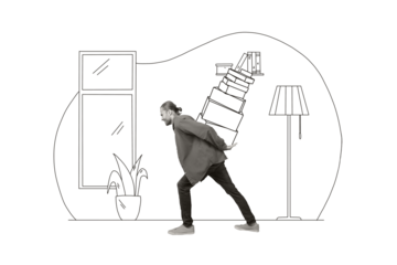 Composite photo collage of unhappy man carry pile box delivery service indoor room parcel workload employee isolated on painted background