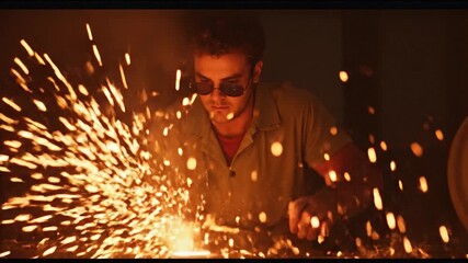 Focused man wearing safety glasses welds metal with bright flying sparks and smoke in a dimly lit workshop environment - Powered by Adobe