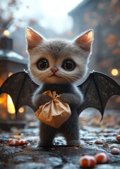 Adorable 3D Render of a Baby Cat with Bat Wings Holding a Treat Bag in a Whimsical Halloween Setting