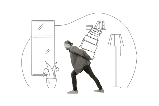 Composite photo collage of unhappy man carry pile box delivery service indoor room parcel workload employee isolated on painted background