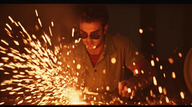 Focused man wearing safety glasses welds metal with bright flying sparks and smoke in a dimly lit workshop environment
