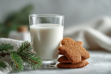 Festive milk and gingerbread cookies with pine branch, a cozy winter treat.