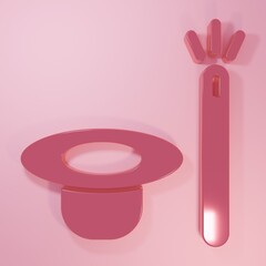 Pink Magic hat and wand icon isolated on pink background. Magic trick. Mystery entertainment concept. Minimalism concept. 3D render illustration