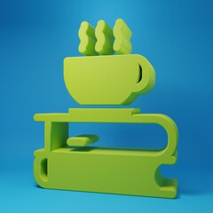 Green Coffee cup and book icon isolated on blue background. Tea cup. Hot drink coffee. Minimalism concept. 3D render illustration