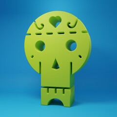 Green Mexican skull icon isolated on blue background. Minimalism concept. 3D render illustration