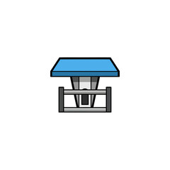 Picnic Table Icon, Blue Tabletop, Vector Illustration, Isolated on White