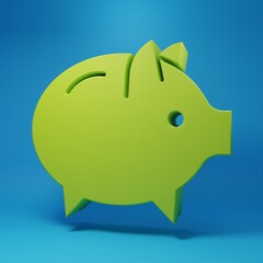 Green Piggy bank icon isolated on blue background. Icon saving or accumulation of money, investment. Minimalism concept. 3D render illustration