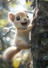 Fototapeta premium Playful 3D Render of a Baby Squirrel Hanging from a Tree with a Charming Expression in High Detail