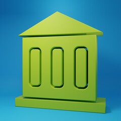 Green Bank building icon isolated on blue background. Minimalism concept. 3D render illustration