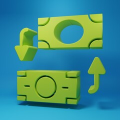 Green Money exchange icon isolated on blue background. Cash transfer symbol. Banking currency sign. Minimalism concept. 3D render illustration