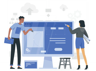 Two designers collaborating on a website interface on a large computer screen web design development