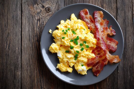 Scrambled eggs and bacon on a plate
