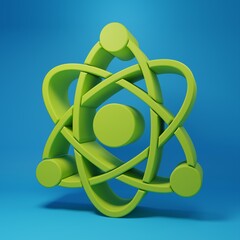 Green Atom icon isolated on blue background. Symbol of science, education, nuclear physics, scientific research. Minimalism concept. 3D render illustration