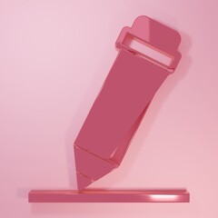 Pink Pencil with eraser icon isolated on pink background. Drawing and educational tools. School office symbol. Minimalism concept. 3D render illustration