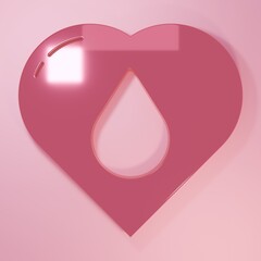 Pink Heart with water drop icon isolated on pink background. Minimalism concept. 3D render illustration