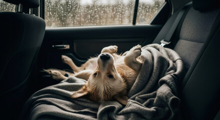 Golden retriever dog lying comfortably on the back seat of a car, covered with a plaid blanket. Pet friendly travel concept.