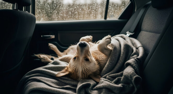 Golden retriever dog lying comfortably on the back seat of a car, covered with a plaid blanket. Pet friendly travel concept.
