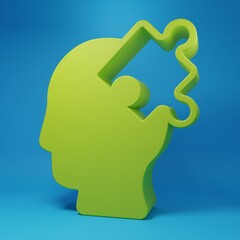 Green Solution to the problem in psychology icon isolated on blue background. Puzzle. Therapy for mental health. Minimalism concept. 3D render illustration