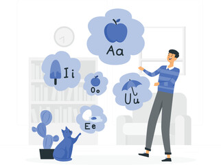 Man Teaching Cat Alphabet and Objects with Illustrations education learning