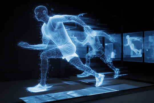 A futuristic neon projection of an athlete displaying biometric data.