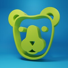 Green Bear head icon isolated on blue background. Minimalism concept. 3D render illustration