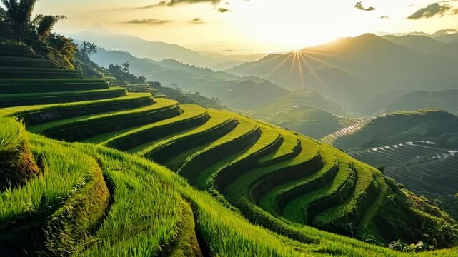 A view of a green rice field with the sun setting in the background