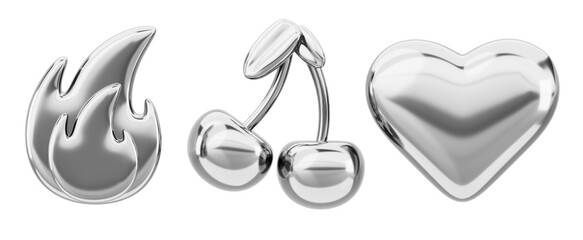 Liquid chrome y2k metal shapes - fire, cherry and heart. Silver inflatable figures in retro futuristic style 3d render icon set. Isolated design elements of glossy steel or platinum