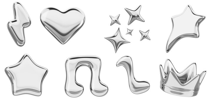 3d metal liquid chrome y2k abstract shape set. Silver inflatable elements in retro futuristic style. Heart, crown, lightning bolt, stars and music notes isolated on gray background
