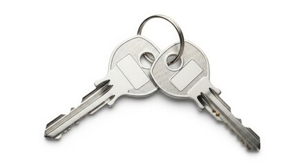 Two silver keys on a keyring, isolated on white background
