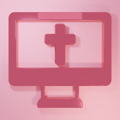 Obraz premium Pink Christian cross on monitor icon isolated on pink background. Church cross. Minimalism concept. 3D render illustration