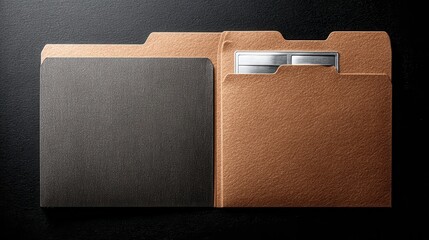 An overhead view of an open folder with a shimmering copper metallic exterior and a textured black insert on a dark, speckled background. The folder is slightly ajar revealing a metallic tab inside.