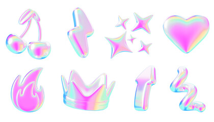 Naklejka na ściany i meble Y2k holographic shapes set. Rainbow heart, fire, crown, cherry, thunderbolt, arrow, spiral line and stars with vibrant neon gradient texture. Retro futuristic graphic design elements Naklejka na ściany i meble Y2k holographic shapes set. Rainbow heart, fire, crown, cherry, thunderbolt, arrow, spiral line and stars with vibrant neon gradient texture. Retro futuristic graphic design elements