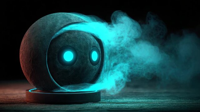 A futuristic, spherical robot with glowing eyes emits wispy blue smoke, set on a platform